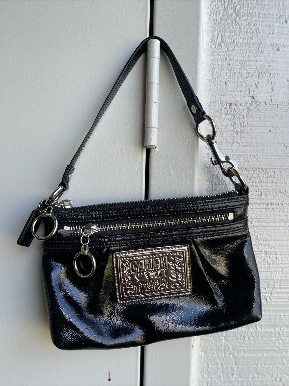 Coach Black Patent  poppy Leather Wristlet with Silver Hardware